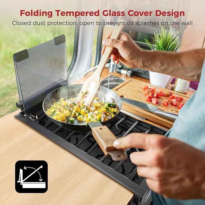 CAMPLUX Classic RV Cooktop 2 Burners Slide-in, Propane Cooktop Stove with Tempered Glass Cover, 12 Inches Propane Rangetop with Blue Indicator Light, 13,000BTU, Black RGH12IB