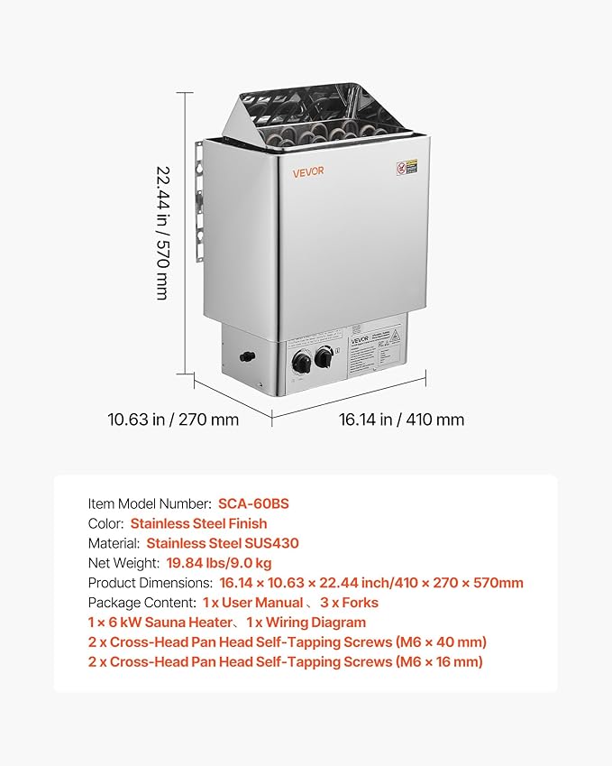 VEVOR Sauna Heater, 6KW 240V Electric Sauna Stove, Dry Steam Bath Saunas Stove with Pre-Drilled Bracket, Fit 176.5 to 317.8 CU.FT Saunas Rooms, Steam Bath Stoves for Home, Commercial, Leisure Venues