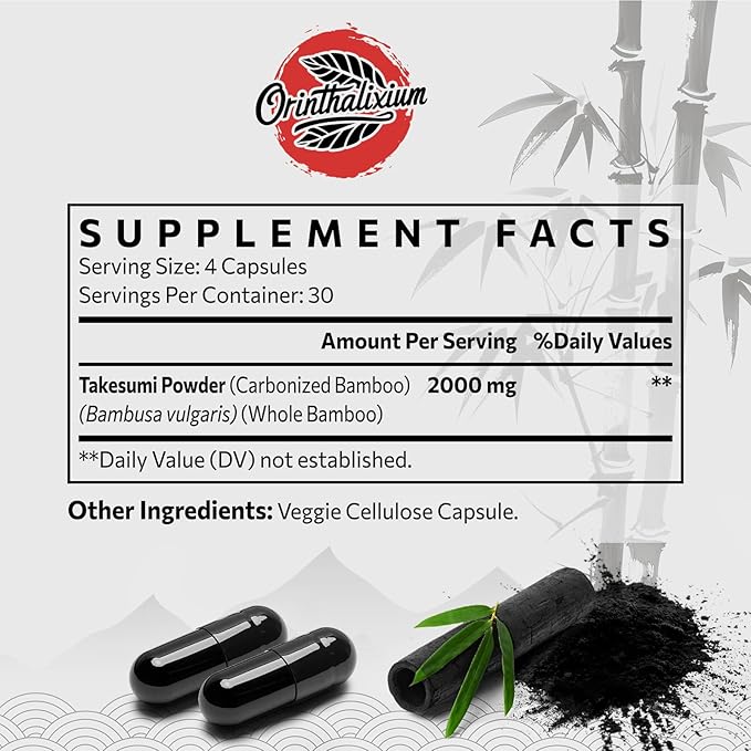 Orinthalixium Takesumi Bamboo Charcoal 2000mg – Activated Charcoal from Bamboo for Max Absorption, Detox & Gut, 120 Vegan Capsules（2 Bottle）