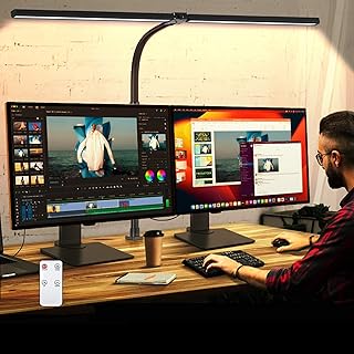 LED Desk Lamp for Office Dorm Home - Eye Caring Desk Light with Timer, Remote Control 24W Brightest Dual Screen Computer Monitor Gooseneck Dimmable Table lamp with Anti-Glare Cover Clamp
