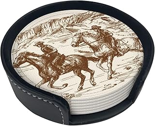 Western Desert Vintage Cowboy Coasters for Drinks Round Leather Coaster with Holder Set of 6 for Tabletop Protection Desk Accessories Office Home Room Decor