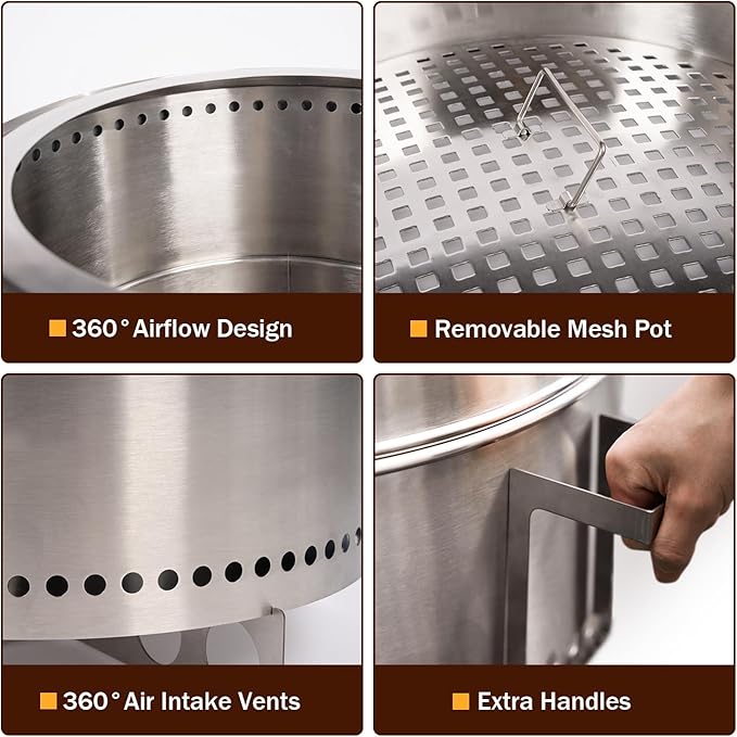 BRIOPAWS Large Smokeless-fire-pit Outdoor | 15 IN | 304 Stainless-Steel-Firepit | Portable Solo Fire Pits for Outside, Camping | Low Smoke Stove | Wood Burning Chimenea, Inclu. Bag, BBQ Forks, Handles