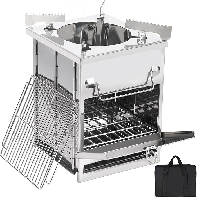 Large Portable Camping Wood Stove for Cooking, 304 Stainless Steel Folding Lightweight Wood Burning Stove with Grid and Pot Stand for Outdoor Camping Hiking Backpacking BBQ Picnic