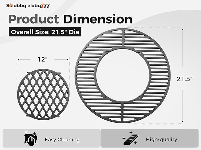 8835 Cast Iron 21.5" Grill Grates w/12" Removable Center Grate for Weber Original Kettle Premium 22-inch Charcoal Grill, Replacement Parts for Weber 22" Performer Premium Grill, One-Touch Grills