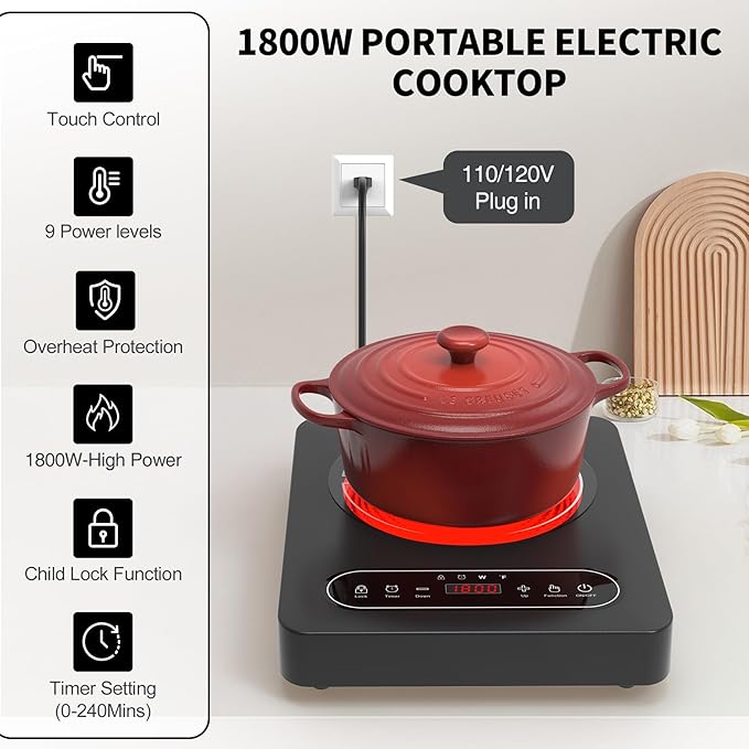GIHETKUT Single Burner Electric Cooktop,110V 1800W Electric Stove Top with LED Touch Control,10 Power Levels, 4 hTimer, Safety Lock,single electric burner Overheat protection