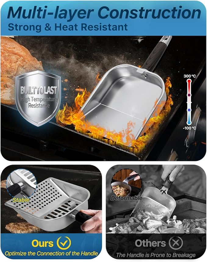 Griddle Scoop for Blackstone with a Any-Edge Hook, Stainless Steel Griddle Portable Food Mover for Stir Fry and Move Food, Classic & Sifting Grill Shovel, 2 Pack
