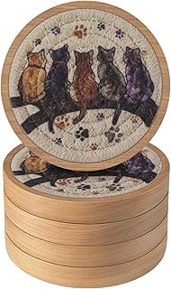 Cute Coasters Absorbent, Eykao Cat Coasters for Drinks, 5 Pcs Wooden Coasters for Coffee Table, Housewarming Gift for Farmhouse Home Decor,4 inches