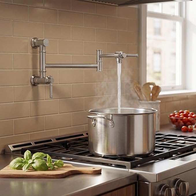 Lava Odoro Chrome Pot Filler Faucet, Two-Attachment Pot Filler Wall Mount Folding Single Hole Kitchen Pot Filler Swing Arm, PF312-C