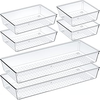 Criusia 6 Pcs Large Size Clear Drawer Organizer Set, Acrylic Non Slip Non Cracking Kitchen Drawer Storage Tray Divider, Multifunctional Storage for Cosmetics, Bathroom, Tools, Kitchen and Office