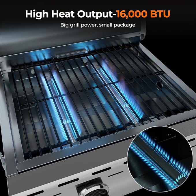 Electactic 16,000 BTUs Portable Tabletop Gas Grill, 2-Burner Propane Grill with 251 Sq.in Cooking Area, Stainless Steel BBQ Grill with Foldable Legs, Easy Assemble & Clean for Patio, Camping, Tailgate