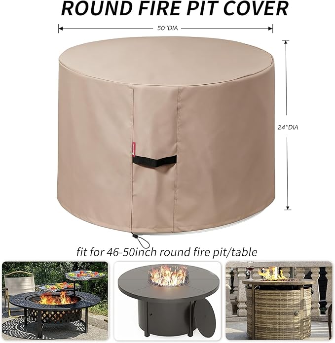 [2026 Upgraded]SheeChung Fire Pit Cover Round 50"D x 24"H,Heavy Duty 600D Waterproof Outdoor Firepit Cover,Fits for 46"-50" Wood Burning Fire Pit/Table,Fade Resistant Firepit Covers with Drawstring