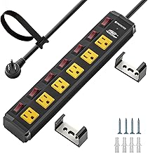 CRST Heavy Duty Metal Power Strip with 6 Individually Switched Outlets, 1.77" Extra Wide Spacing for Bulky Plugs, 6FT Cord, 1200J Wall Mount Power Hub for Garage & Workshop (15A/1875W)