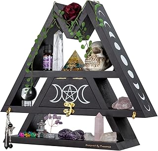 Pracaniz Crystal Shelf with Flap Drawer&Hooks for Wall&Desktop, Crystal Holder as Witchy Room Decor,Moon Phase Triangle Shelf,Witchy Decor&Moon Decor for Bedroom.