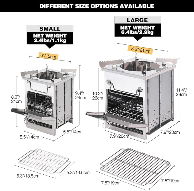 Large Portable Camping Wood Stove for Cooking, 304 Stainless Steel Folding Lightweight Wood Burning Stove with Grid and Pot Stand for Outdoor Camping Hiking Backpacking BBQ Picnic