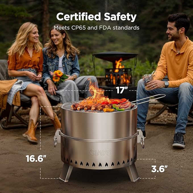 Ciays Smokeless Firepit, 17 inch Fire Pit for Camping with Patented Technology, Portable Fire Pit for Outside with Steel Grill Rack, Fire Poker, and Bag, Easy Setup and Storage, Wood Burning