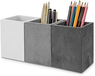 MyGift Pen Holder Pencil Holder For Desk,Pen Cup Holder For Desk,Concrete Desktop Pencil Cup,Modern Gray-Tone,Set of 3