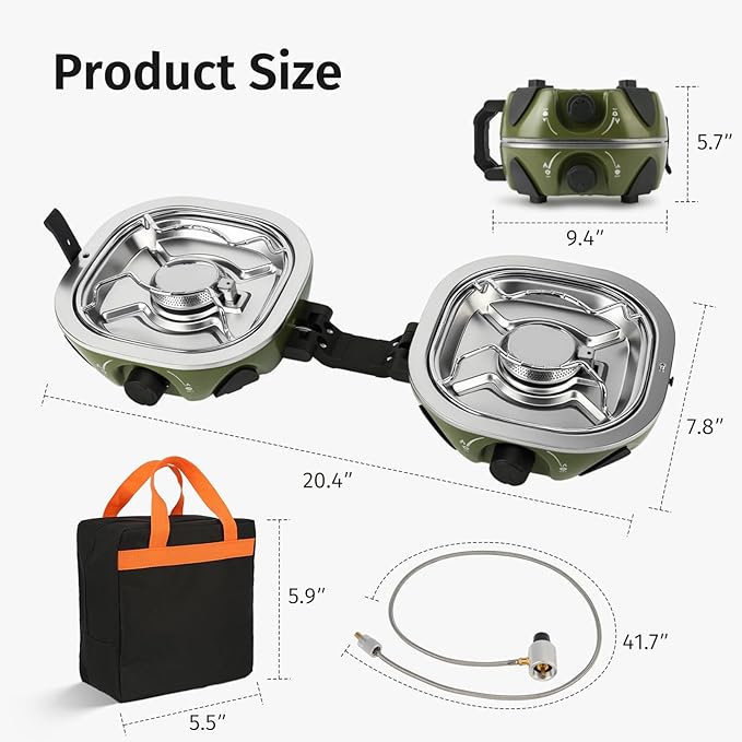 INFOOD Propane Camping Stove 20,000 BTU - Portable 2 Burner Gas Stove with Adjustable Flame Control, Piezo Ignition, Carry Bag & Propane Adapter Hose, Folding Design for Camp, BBQ, Tailgating, Green