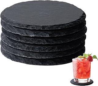 Slate Coasters Set of 6, 4 Inch Black Round Stone Drink Coasters Bulk, Laser Engraving Blanks with Anti-Scratch Bottom for Coffee Bar Home Kitchen Decor, Ideal Housewarming Wedding Gifts