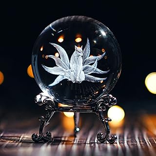 HDCRYSTALGIFTS 3D Crystal Ball with Stand - 60mm Laser Carved Nine-Tailed Fox Figurines Glass Animal Full Sphere Art Decorative Ball Paperweight Home Office Decor Gift for Women Men