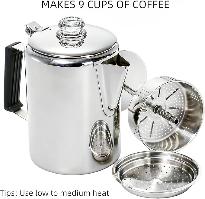 Cididu Camping Coffee Pot Stainless Steel, Coffee Pot Outdoors, Durable Stove Top Brew Coffee Maker on Fire, Ideal for Group Camping, Hiking, Backpacking, RV and Travel, 9 Cups
