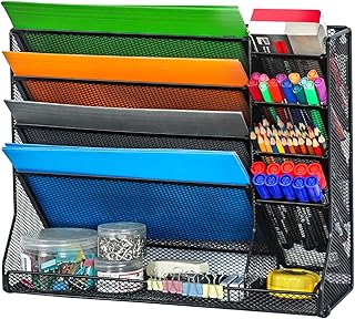 Jakyitvi File Organizer Wall Mounted, 4 Tiers Durable Adjustable Metal Desk Organizer, Desktop Hanging File Holder with 4 Pen Slots Stable, 4 Pull-Out Divider for File, Mail, Black, Patent Pending