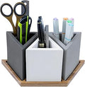 MyGift Modern Concrete Desk Organizer Set with 3 Triangular Gray-Tone Pen Holders and Acacia Wood Tray, 4-Piece Office Storage Solution for Pens, Pencils, and Supplies