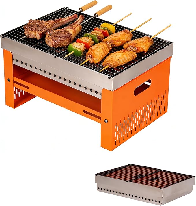 Portable Charcoal Grill, Small Tabletop BBQ, Foldable Mini Hibachi, Stainless Steel Camping Grill, Compact Outdoor Cooker for Picnic, Tailgating Chac Grl 002P (Orange)