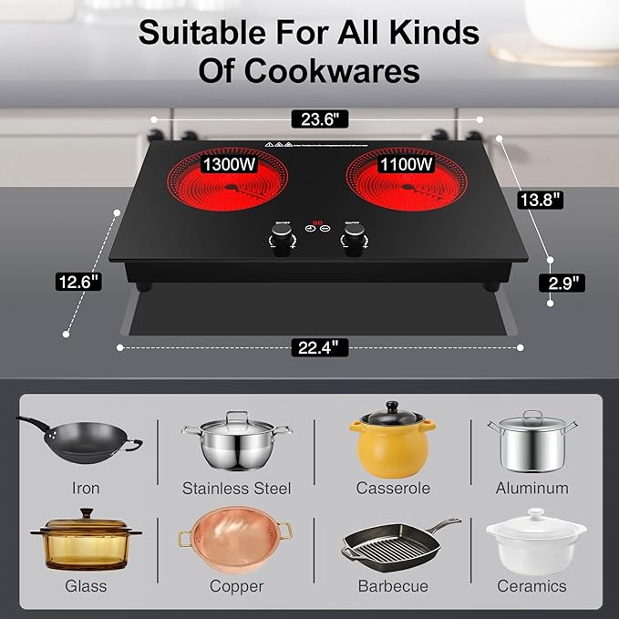 2 Burner Ceramic Cooktop, 2400W 110V Built-in or Countertop Electric Cooktop with Touch Screen & Knob Control, 10 Heat Settings, Child Lock, Timer, Overheat Protection.