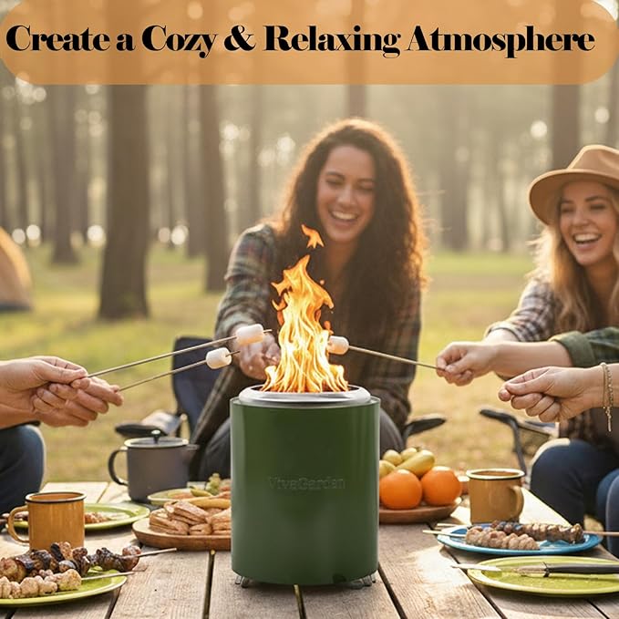 Portable Tabletop Fire Pit, VivaGarden Smokeless Table Top Fire Pit, Wood Burning & Pellets Outdoor Camping Stove with Carry Bag, Forks and Mat (9.7x7.1 Inch, Green)