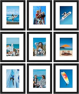 Vittanly 8x10 Picture Frames Set of 9, Shatter Resistant Plexiglass, Display 5x7 Pictures with Mat or 8x10 without Mat, Photo Frames for Wall or Tabletop, Engineered Wood, Black