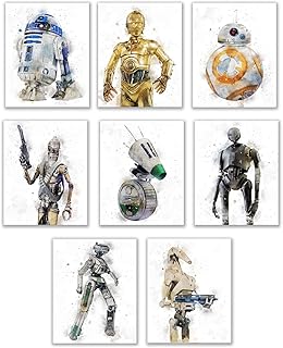 Star Wars Droids Prints - Star Wars Wall Art, Starwars Posters for Walls, Watercolor Wall Decor Photos, R2D2 C3PO BB8 K-2SO BB-9E Battle Droids - Unframed Set of 8 (8x10)
