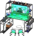 armocity L Shaped Gaming Desk with Hutch & Shelves, 47'' Computer LED Lights Power Strips, Reversible PC Shape Storage, for Monitor Stand, Black