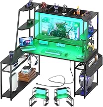 armocity L Shaped Gaming Desk with Hutch & Shelves, 47'' Computer LED Lights Power Strips, Reversible PC Shape Storage, for Monitor Stand, Black