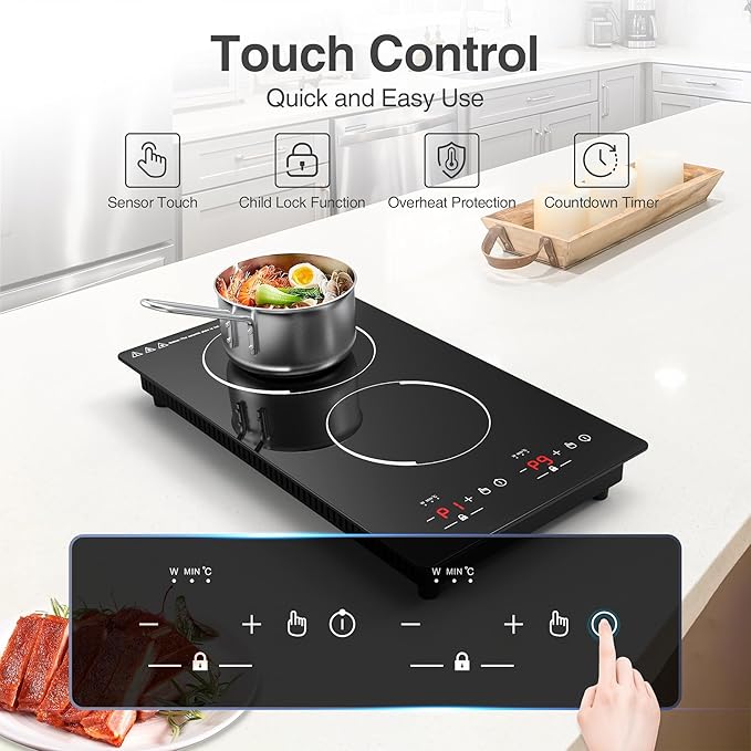 GIHETKUT Double Induction Cooktop,110V 2 Burner Induction Cooktop,2300W Electric Stove Top with Independent Control, Ultrathin Body, 9 Temperature, Multiple Power Levels, 2 Hour Timer, Safety Lock