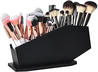 Coffin Brush Holder - Gothic Desk Organizer - Wooden Coffin Pen Holder -Spooky Gothic Decor for Bathroom, Living Room or Bedroom- Black - 10x 5x3.25 Inches