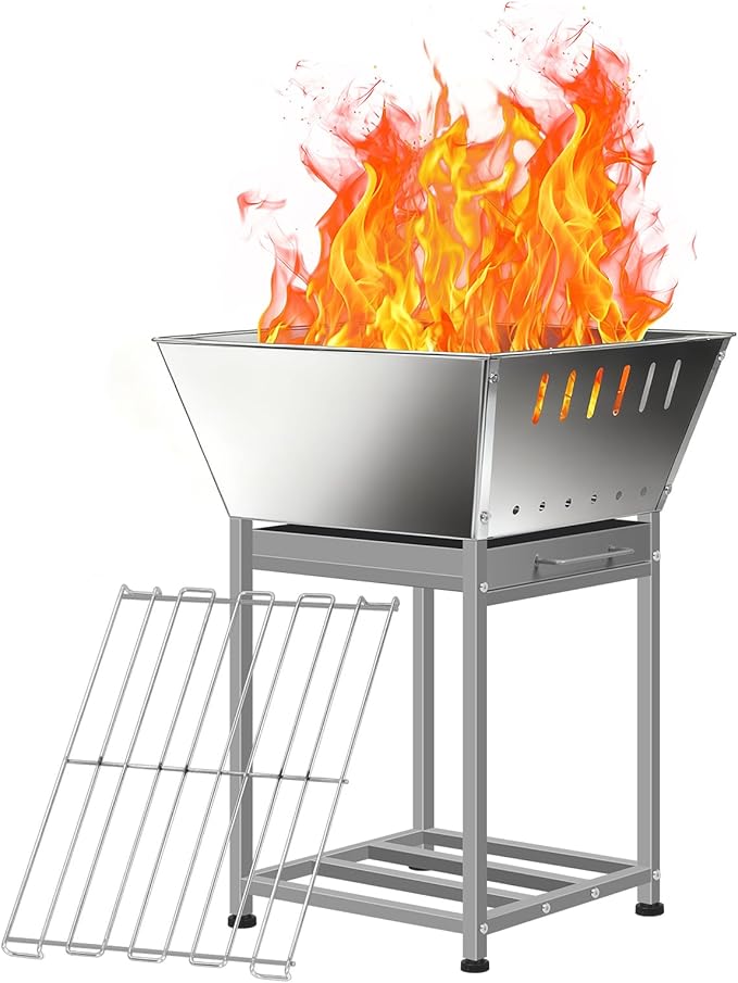 Stainless Steel Square Wood Fire Pit with Grill, 2-in-1 Outdoor Firepit with Ash Pan and Wood Storage, Portable for Backyard, Patio, Camping Use