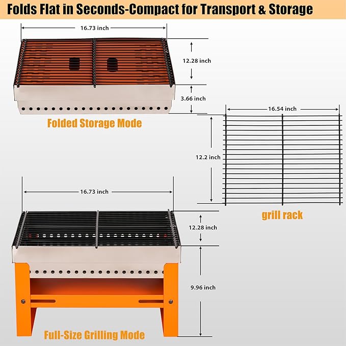 Portable Charcoal Grill, Small Tabletop BBQ, Foldable Mini Hibachi, Stainless Steel Camping Grill, Compact Outdoor Cooker for Picnic, Tailgating Chac Grl 002P (Orange)