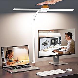 Syrinx LED Desk Lamp, Dual Head Desk Light with Clamp, 50 Lighting Modes Eye-Caring Table Lamp, Flexible Gooseneck Task Light with Motion Sensor, Wired Control, Timer & Memory Function for Home Office