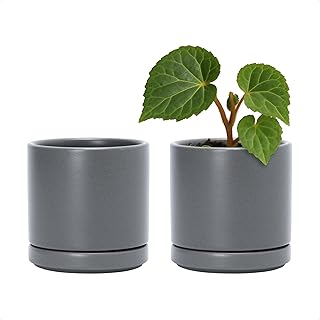 D'vine Dev Set of 2 Plants Pots, 3.5 Inch Ceramic Planter Pot for Plants with Drainage Hole and Saucer, Speckled Grey, 94-V-A-3