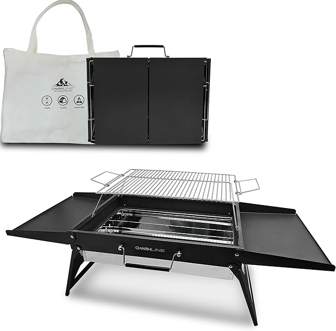 Charmline 20x14 inches Big Desktop Charcoal Grill, Liftable Grilling Net, Foldable Portable Grill for Indoor and Outdoor, BBQ Grill for Camping, Gardens, Picnics, Beach Parties, Black