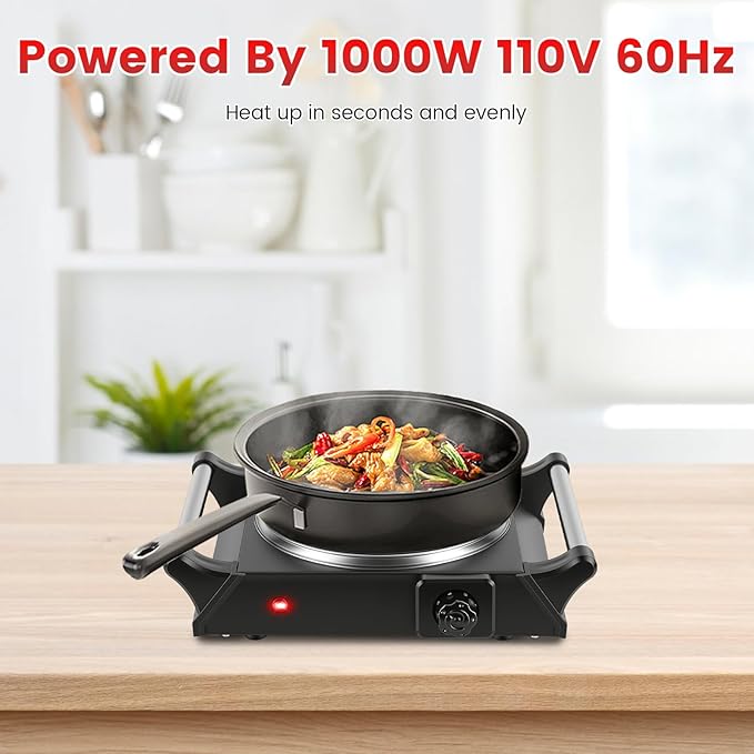 1000W Electric Single Burner, Silicon Crystal Glass Hot Plate Cooktop with 5 Temperature Stepless Adjustments Portable Handles for RV/Home/Camp (Single Burner)