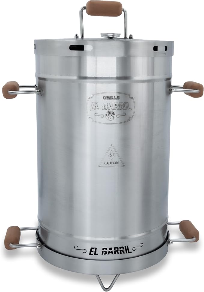El Barril Lite Medium Barrel Smoker Grill, Stainless Steel 430, 30 lb Capacity, 12 Meat Hooks, Upper Grill and Handler, Portable Charcoal BBQ (Lite 30LBS Medium)