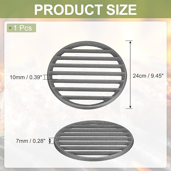 PATIKIL Cast Iron Fire Grate, 9.4" Round BBQ Grill Grate Replacement High Heat Charcoal Plate Fire Bottom Grate Grilling Accessories 6 Slots for Grilling Barbecue