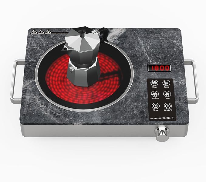1800W Single Burner Electric Cooktop, Portable Infrared Ceramic Hot Plate with Marble Glass, Touch & Knob Control, Plug-in Stove for All Flat Cookware