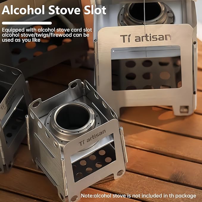 Titanium Wood Stove with Stand, Foldable Portable Alcohol Stove Titanium Wood Burning Stove Camping Backpacking Stove for Outdoor Camping Picnic BBQ (WS007T(Large))