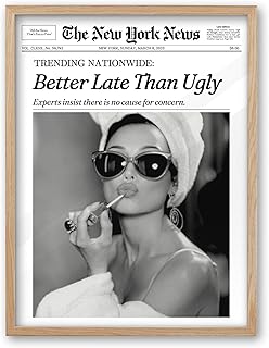 iHery Small Natural OAK Wood Hepburn Newspaper Trendy Bathroom Wall Decor, 8X10in Vintage Framed Wall Art Canvas Art, Funny Artwork, Better Late Than Ugly, Set of 1 Apartment Girly Dorm Room