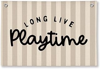 Playroom Decor, Long Live Playtime Wall Hanging Linen Banner, Blue Striped Wall Flag for Kids Room Nursery Playroom Decor, 20x30 Inch-Black