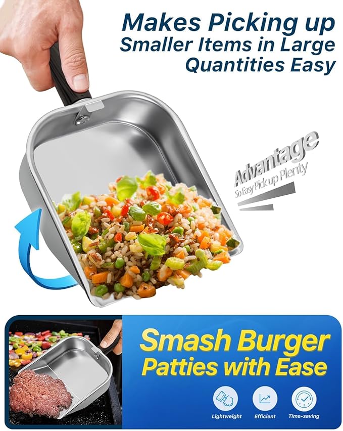 Griddle Scoop for Blackstone with a Any-Edge Hook, Stainless Steel Griddle Portable Food Mover for Stir Fry and Move Food, Classic Grill Shovel, 2 Pack