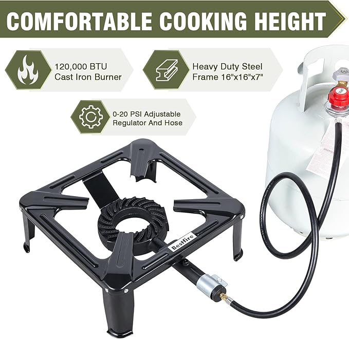 Bestfire High Pressure Propane Burner, 260000 BTU Single Propane Stove with 4.1ft 0-20Psi Adjustable Hose with Regulator, 16" Square Steel Cooktop for Camping