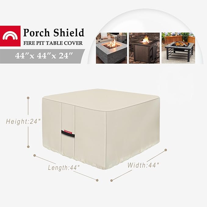 Porch Shield Fire Pit Cover - Waterproof 600D Heavy Duty Fade Resistant Square Patio Fire Pit Table Cover Beige - 44 x 44 inch